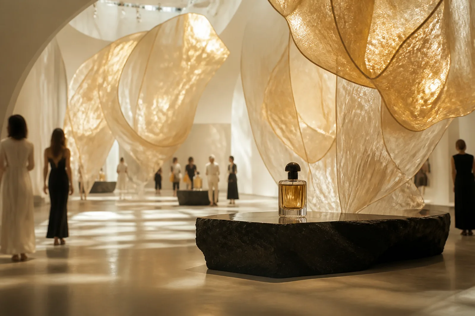 Experiência conceitual de perfumaria em galeria com formas douradas