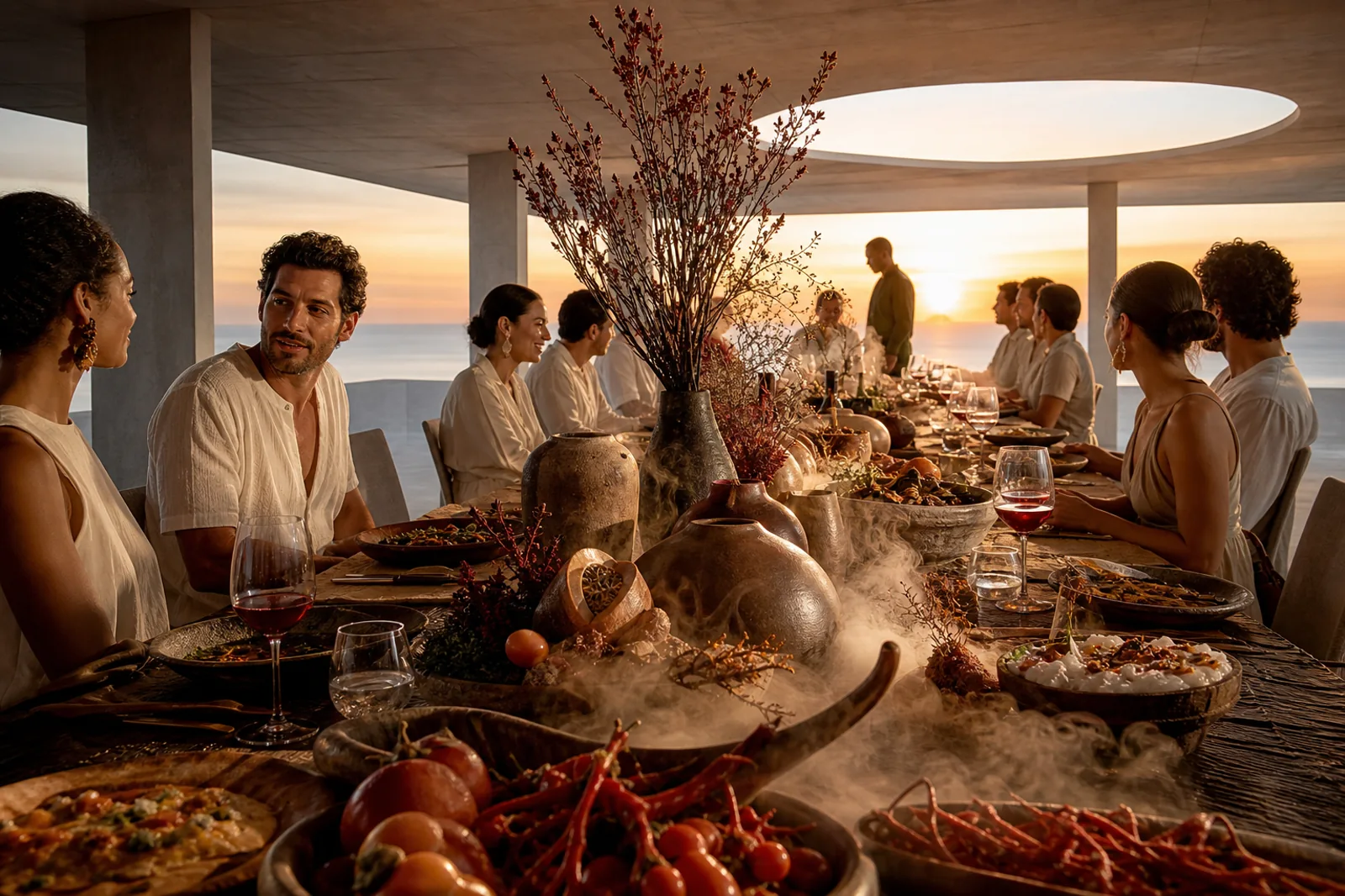 Jantar multissensorial contemporâneo ao pôr do sol