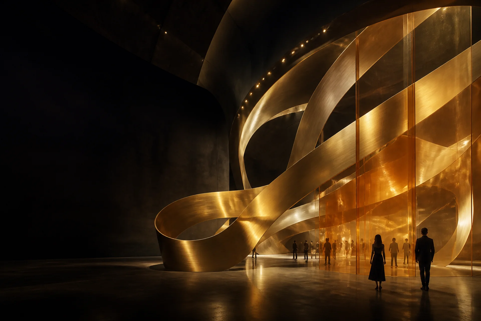 Instalação monumental em ouro dentro de uma galeria escura